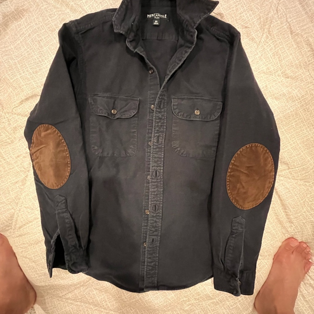 J. Crew Navy Button-Front Shirt Jacket with Brown Elbow Patches
